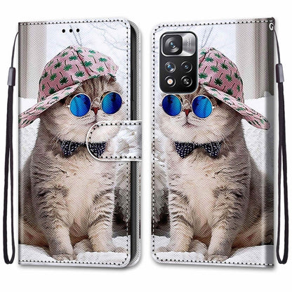 For Xiaomi Redmi Note 11 Pro / 11 Pro+ Global Coloured Drawing Cross Texture Horizontal Flip PU Phone Leather Case with Holder & Card Slots & Wallet & Lanyard(Colorful Layer(Oblique Hat Blue Mirror Cat) - Xiaomi Accessories by buy2fix | Online Shopping UK | buy2fix