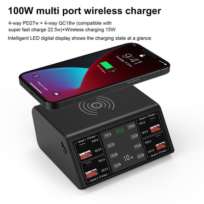 838w 9 in 1 100W 4 PD 3.0 USB-C / Type-C + 4 QC 3.0 USB Ports Smart Digital Display Wireless Charger, US Plug(Black) - Multifunction Charger by buy2fix | Online Shopping UK | buy2fix