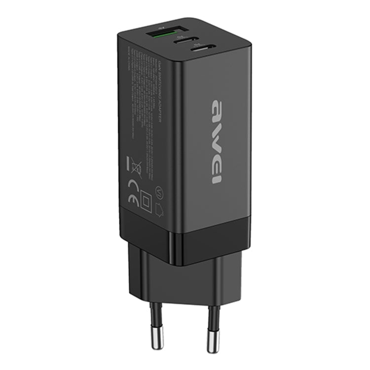 awei PD9 65W Dual Type-C / USB-C + USB GaN Fast Charging Travel Charger, EU Plug(Black) - Apple Accessories by awei | Online Shopping UK | buy2fix