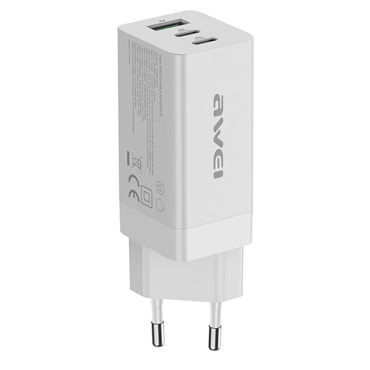 awei PD9 65W Dual Type-C / USB-C + USB GaN Fast Charging Travel Charger, EU Plug(White) - Apple Accessories by awei | Online Shopping UK | buy2fix