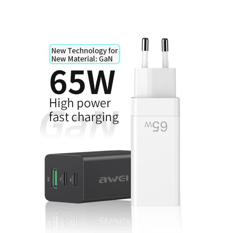 awei PD9 65W Dual Type-C / USB-C + USB GaN Fast Charging Travel Charger, EU Plug(Black) - Apple Accessories by awei | Online Shopping UK | buy2fix