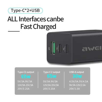 awei PD9 65W Dual Type-C / USB-C + USB GaN Fast Charging Travel Charger, EU Plug(Black) - Apple Accessories by awei | Online Shopping UK | buy2fix