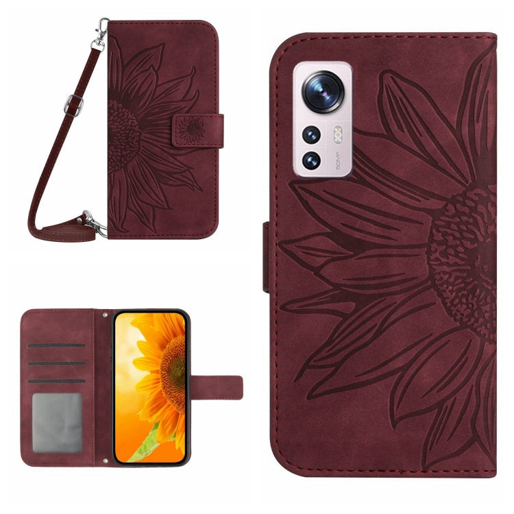 For Xiaomi 12 / 12X Skin Feel Sun Flower Pattern Flip Leather Phone Case with Lanyard(Wine Red) - 12 Cases by buy2fix | Online Shopping UK | buy2fix