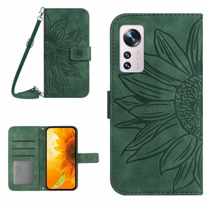 For Xiaomi 12 / 12X Skin Feel Sun Flower Pattern Flip Leather Phone Case with Lanyard(Green) - 12 Cases by buy2fix | Online Shopping UK | buy2fix