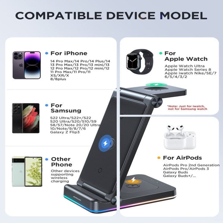 JOYROOM JR-WQN01 15W 3 in 1 Foldable Wireless Charger(Black) - Wireless Charger by JOYROOM | Online Shopping UK | buy2fix