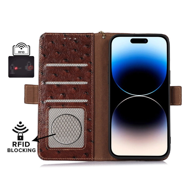 For Google Pixel 7 Pro Ostrich Pattern Genuine Leather RFID Phone Case(Coffee) - Google Cases by buy2fix | Online Shopping UK | buy2fix