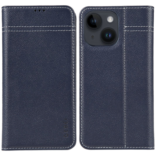 For iPhone 14 Plus GEBEI Top-grain Horizontal Flip Leather Phone Case(Blue) - iPhone 14 Plus Cases by GEBEI | Online Shopping UK | buy2fix