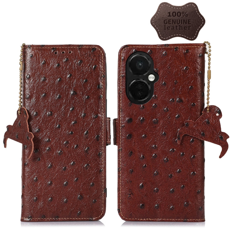 For OnePlus Nord CE 3 Lite Ostrich Pattern Genuine Leather RFID Phone Case(Coffee) - OnePlus Cases by buy2fix | Online Shopping UK | buy2fix