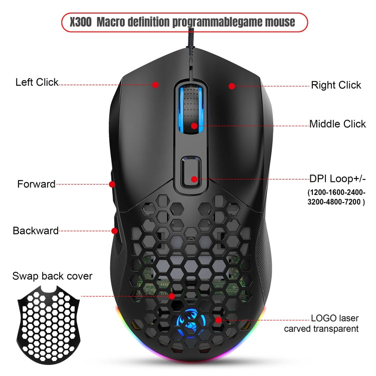 HXSJ X300 7200DPI RGB Backlight Interchangeable Back Cover Hole Gaming Wired Mouse(Black) -  by HXSJ | Online Shopping UK | buy2fix