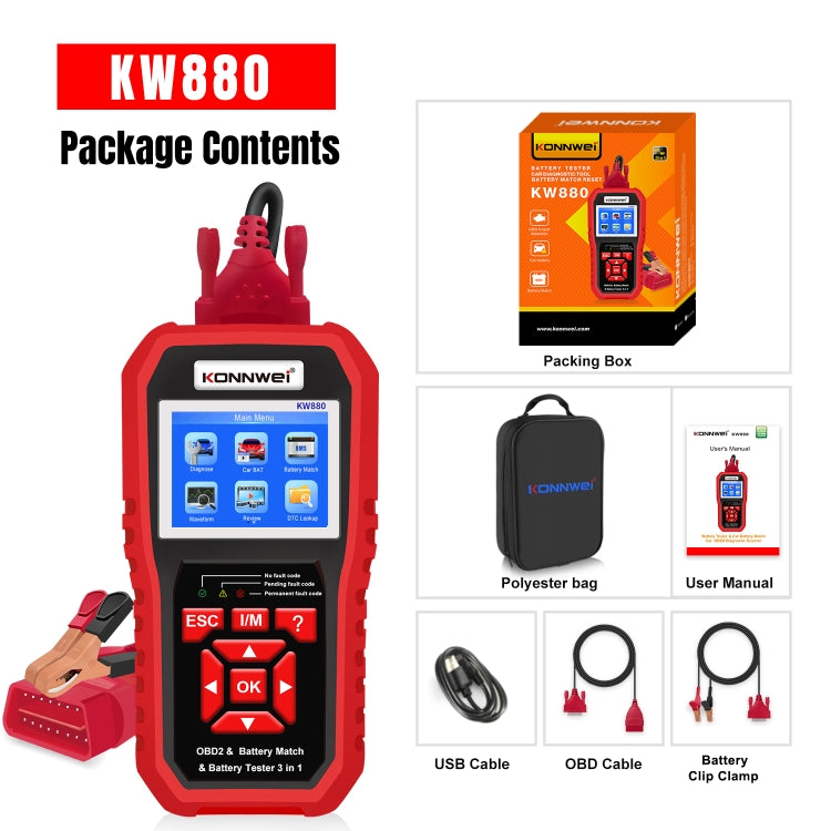 KONNWEI KW880 3 in 1 Car OBD2 Fault Diagnosis + Battery Tester + Battery Match Reset - Code Readers & Scan Tools by KONNWEI | Online Shopping UK | buy2fix