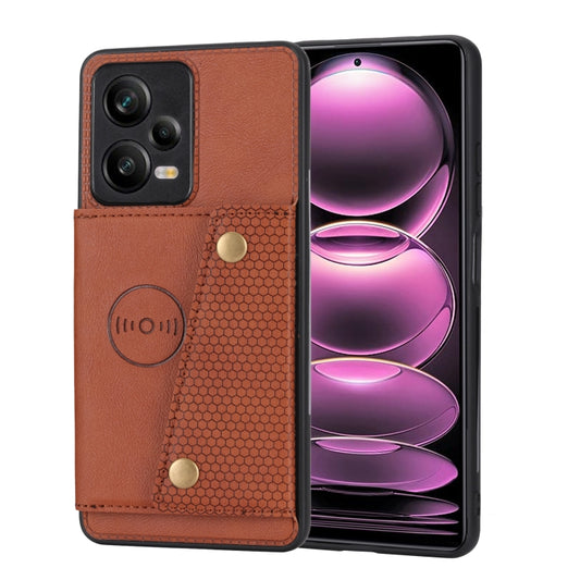 For Xiaomi Redmi Note 12 5G Global Double Buckle Magnetic Phone Case(Brown) - Note 12 Cases by buy2fix | Online Shopping UK | buy2fix