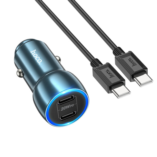 hoco Z48 Tough 40W Dual USB-C / Type-C Port Car Charger with Type-C to Type-C Cable(Sapphire Blue) -  by hoco | Online Shopping UK | buy2fix