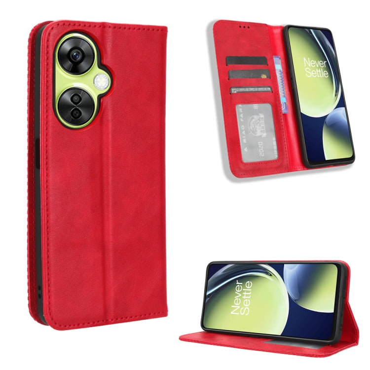 For OnePlus Nord CE 3 Lite Magnetic Buckle Retro Texture Leather Phone Case(Red) - OnePlus Cases by buy2fix | Online Shopping UK | buy2fix