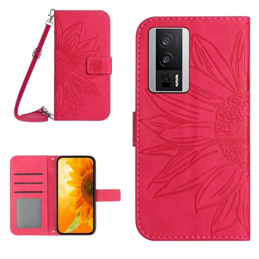 For Xiaomi Poco F5 Pro Skin Feel Sun Flower Embossed Flip Leather Phone Case with Lanyard(Rose Red) - Xiaomi Cases by buy2fix | Online Shopping UK | buy2fix