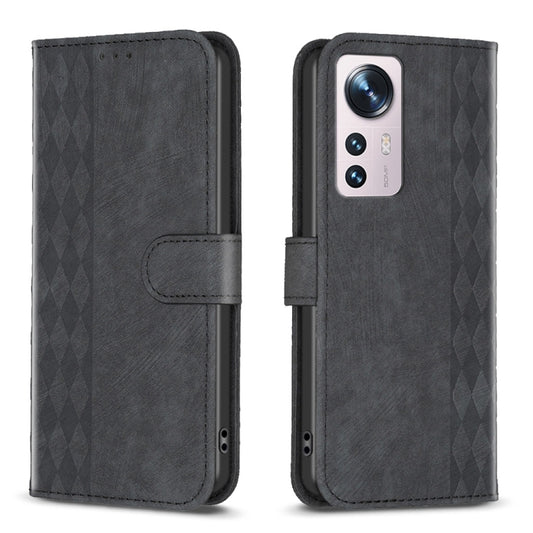 For Xiaomi 12 Plaid Embossed Leather Phone Case(Black) - 12 Cases by buy2fix | Online Shopping UK | buy2fix