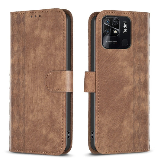 For Xiaomi Redmi 10C Plaid Embossed Leather Phone Case(Brown) - Xiaomi Cases by buy2fix | Online Shopping UK | buy2fix