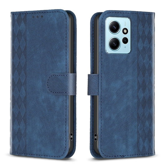For Xiaomi Redmi Note 12 4G Global Plaid Embossed Leather Phone Case(Blue) - Note 12 Cases by buy2fix | Online Shopping UK | buy2fix