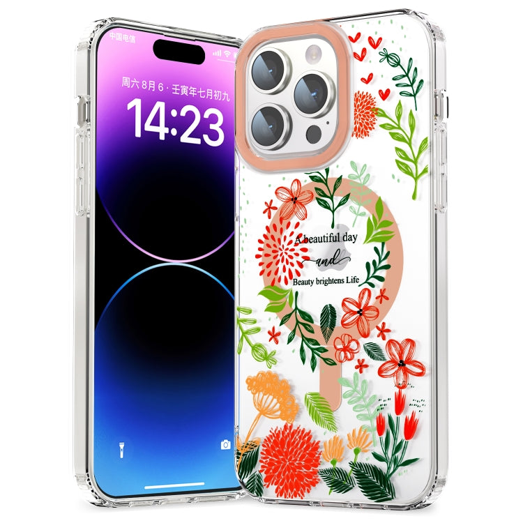 For iPhone 15 Pro Max MagSafe Magnetic TPU Phone Case(Red Flowers and Green Leaves) - iPhone 15 Pro Max Cases by buy2fix | Online Shopping UK | buy2fix