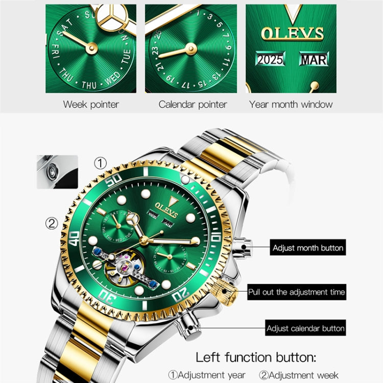 OLEVS 6605 Men Multifunctional Waterproof Mechanical Watch(Green) - Metal Strap Watches by OLEVS | Online Shopping UK | buy2fix