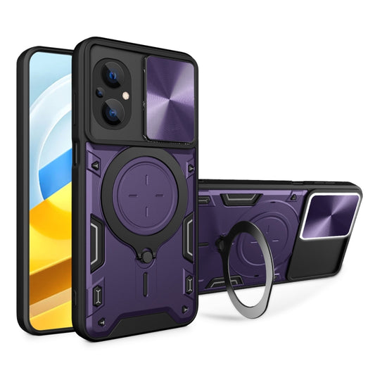 For Xiaomi Poco M5 5G CD Texture Sliding Camshield Magnetic Holder Phone Case(Purple) - Poco M5 Cases by buy2fix | Online Shopping UK | buy2fix
