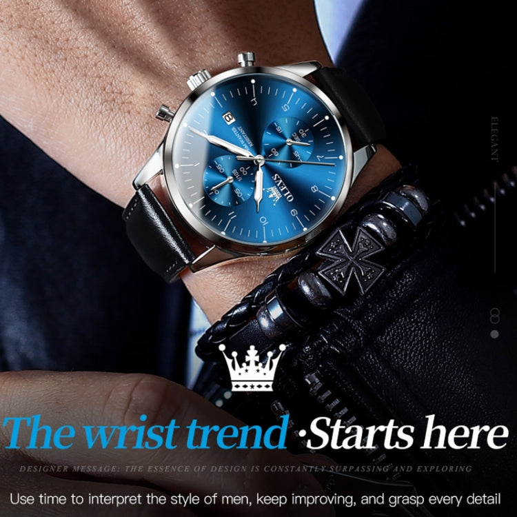 OLEVS 2880 Men Multifunctional Business Waterproof Leather Strap Quartz Watch(Blue) - Leather Strap Watches by OLEVS | Online Shopping UK | buy2fix