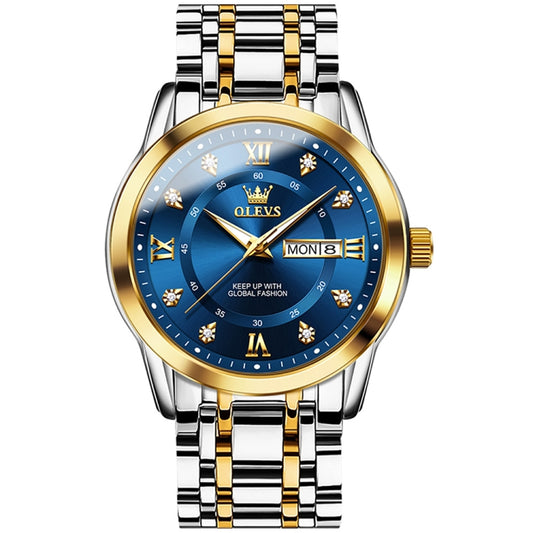 OLEVS 5513 Men Business Luminous Waterproof Quartz Watch(Blue + Gold) - Metal Strap Watches by OLEVS | Online Shopping UK | buy2fix