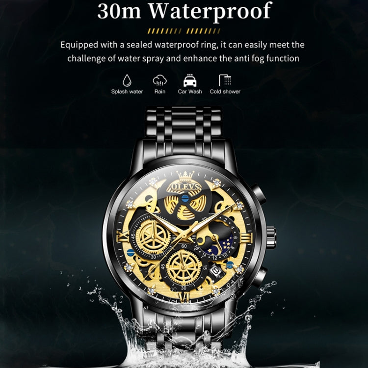 OLEVS 9947 Men Multifunctional Hollow Waterproof Quartz Watch(Black) - Metal Strap Watches by OLEVS | Online Shopping UK | buy2fix