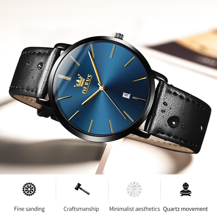 OLEVS 5869 Men Business Waterproof Genuine Leather Strap Quartz Watch(Black + Blue) - Leather Strap Watches by OLEVS | Online Shopping UK | buy2fix