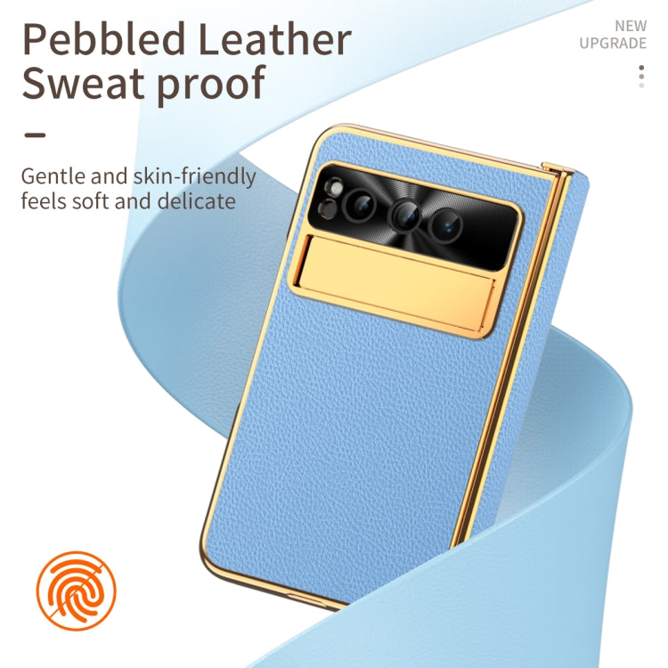 For Google Pixel Fold Litchi Pattern Electroplating Folding Phone Case with Hinge(Blue) - Google Cases by buy2fix | Online Shopping UK | buy2fix