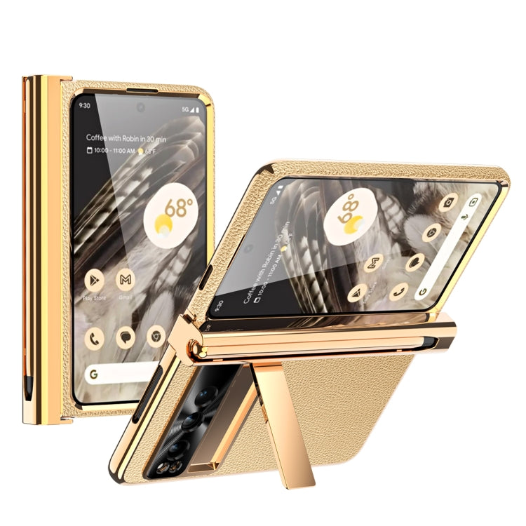 For Google Pixel Fold Litchi Pattern Electroplating Pen Slot Double Hinge Folding Phone Case with Stylus(Gold) - Google Cases by buy2fix | Online Shopping UK | buy2fix