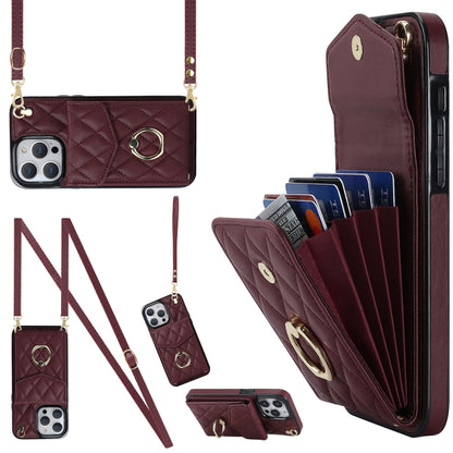 For iPhone 15 Pro Max Rhombic Texture Card Bag Phone Case with Long Lanyard(Wine Red) - iPhone 15 Pro Max Cases by buy2fix | Online Shopping UK | buy2fix