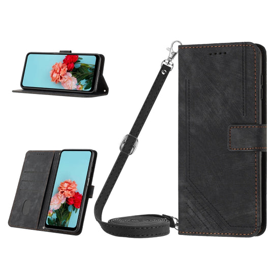 For Infinix Note 30i Skin Feel Stripe Pattern Leather Phone Case with Lanyard(Black) - Infinix Cases by buy2fix | Online Shopping UK | buy2fix