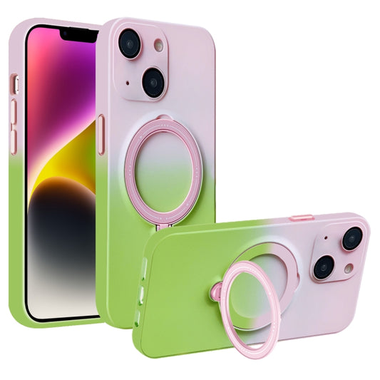 For iPhone 14 Plus MagSafe Holder Gradient TPU Phone Case(Pink Green) - iPhone 14 Plus Cases by buy2fix | Online Shopping UK | buy2fix