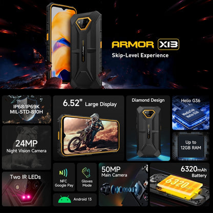 Ulefone Armor X13, 6GB+64GB, IP68/IP69K Rugged Phone, 6.52 inch Android 13 MediaTek Helio G36 Octa Core, Network: 4G, NFC, OTG(Some Orange) - Ulefone by Ulefone | Online Shopping UK | buy2fix