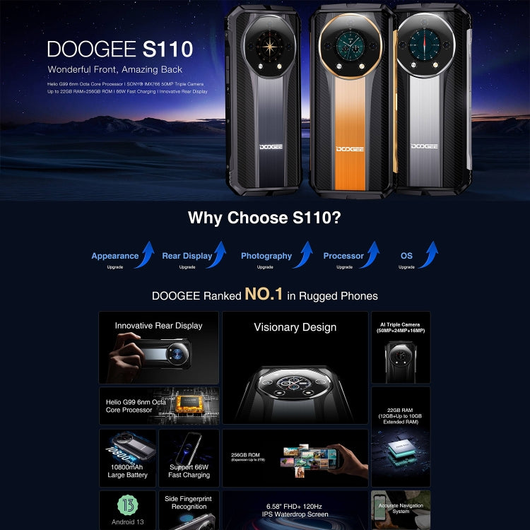 [HK Warehouse] DOOGEE S110, 12GB+256GB, IP68/IP69K/MIL-STD-810H, 6.58 inch Android 13 MediaTek MT6789 Helio G99 Octa Core, Network: 4G, OTG(Gold) - DOOGEE by DOOGEE | Online Shopping UK | buy2fix