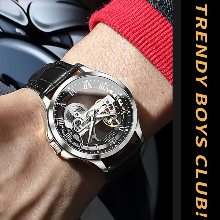 OLEVS 6661 Men Fashion Luminous Waterproof Mechanical Watch(Black + Silver) - Leather Strap Watches by OLEVS | Online Shopping UK | buy2fix