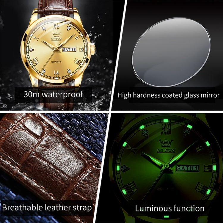 OLEVS 6896 Men Multifunctional Luminous Waterproof Quartz Watch(Gold) - Leather Strap Watches by OLEVS | Online Shopping UK | buy2fix