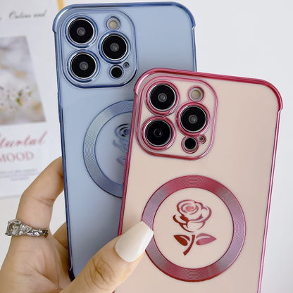 For iPhone 11 Electroplate Side Roses Flower MagSafe Phone Case(Pink) - iPhone 11 Cases by buy2fix | Online Shopping UK | buy2fix