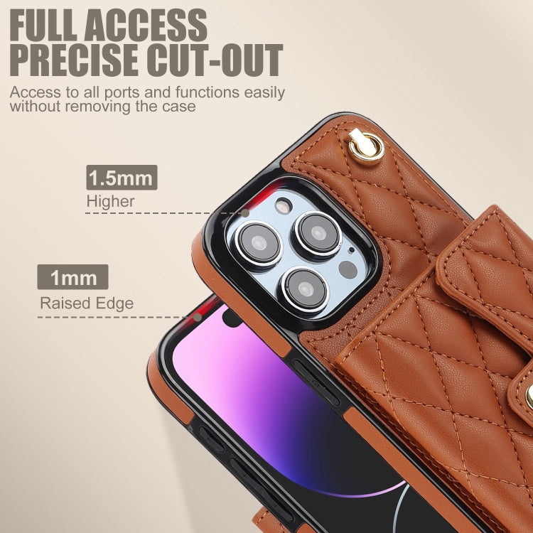 For iPhone 15 Pro Max Crossbody Rhombic Horizontal Wallet Leather Phone Case(Brown) - iPhone 15 Pro Max Cases by buy2fix | Online Shopping UK | buy2fix