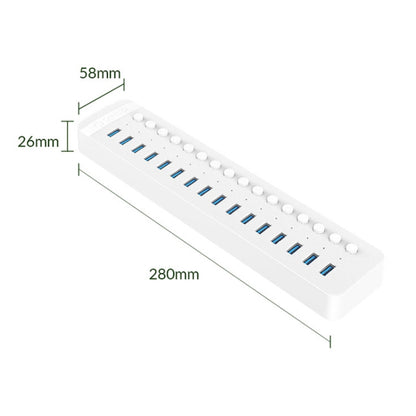 ORICO CT2U3-16AB Plastic Stripes 16 Ports USB 3.0 HUB with Individual Switches, Plug:UK Plug(White) - USB 3.0 HUB by ORICO | Online Shopping UK | buy2fix