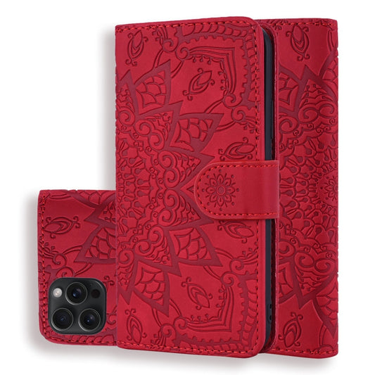 For iPhone 15 Pro Max Mandala Embossed Dual-Fold Calf Leather Phone Case(Red) - iPhone 15 Pro Max Cases by buy2fix | Online Shopping UK | buy2fix