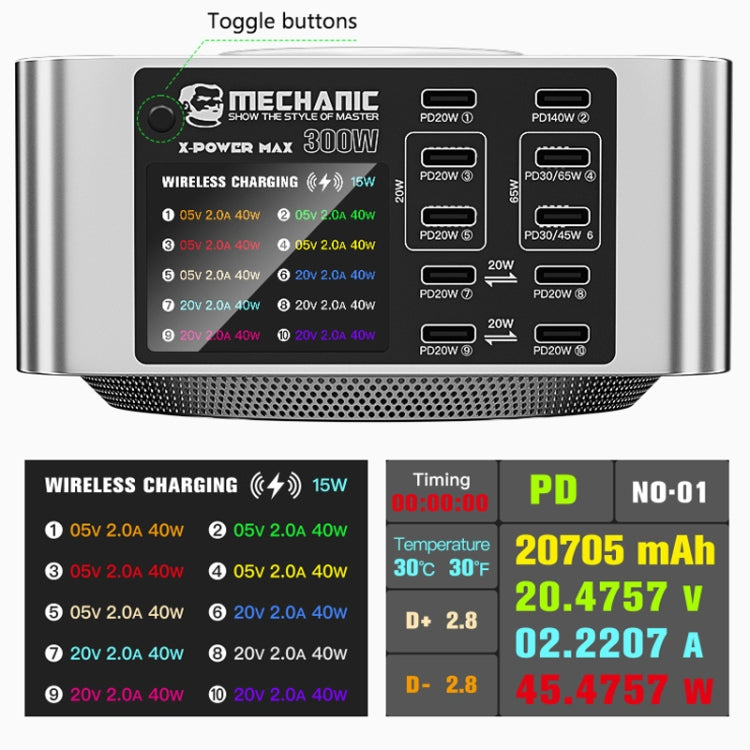 Mechanic X-Power Series Multiport Digital Display USB Charger Station with Wireless Charging, Total Power:300W(EU Plug) - Dock Charger by MECHANIC | Online Shopping UK | buy2fix