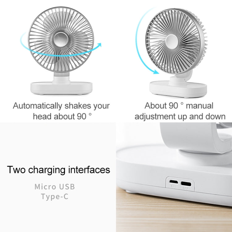 D77 4W Micro USB & USB-C / Type-C Rechargeable Portable Four-speed Adjustable Automatic Head Shaking Desktop Fan(Silver) - Consumer Electronics by buy2fix | Online Shopping UK | buy2fix