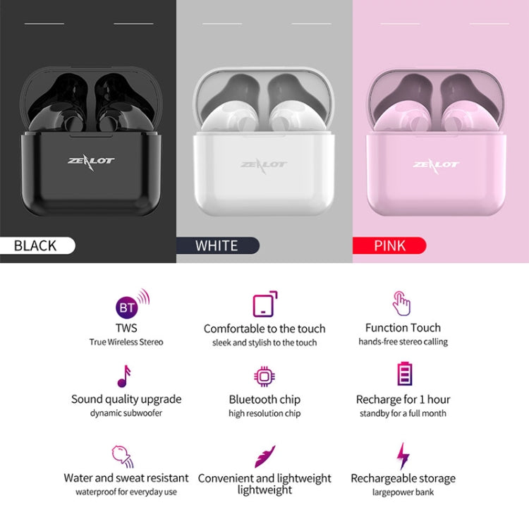 ZEALOT T3 Bluetooth 5.0 TWS Wireless Bluetooth Earphone with Charging Box, Support Touch & Call & Power Display(White) - TWS Earphone by ZEALOT | Online Shopping UK | buy2fix