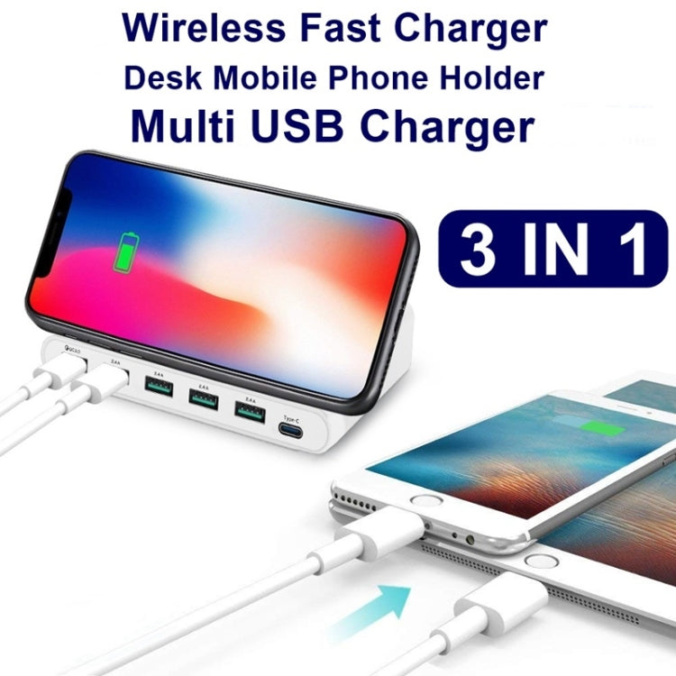 828W 7 in 1 60W QC 3.0 USB Interface + 4 USB Ports + USB-C / Type-C Interface + Wireless Charging Multi-function Charger with Mobile Phone Holder Function, US Plug(Black) - Multifunction Charger by buy2fix | Online Shopping UK | buy2fix