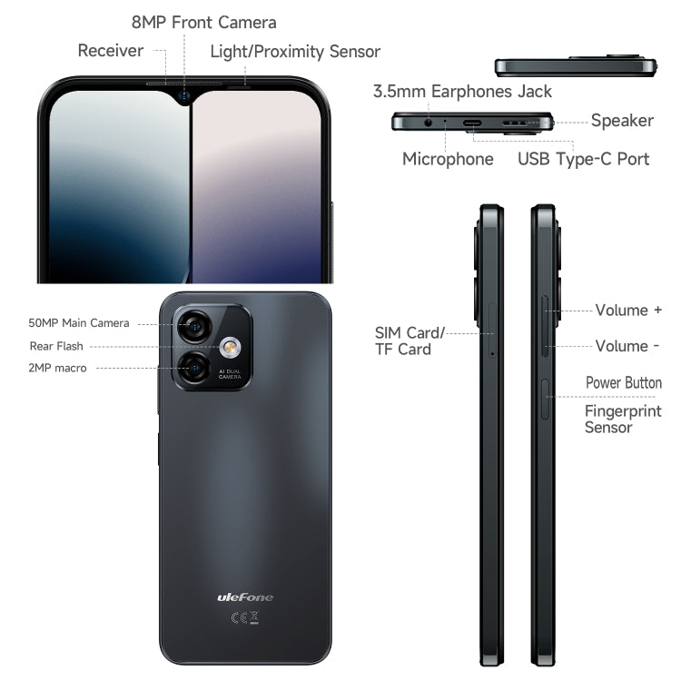 [HK Warehouse] Ulefone Note 16 Pro, 8GB+128GB, Dual Back Cameras, Face ID & Side Fingerprint Identification, 4400mAh Battery, 6.52 inch Android 13 Unisoc T606 OctaCore up to 1.6GHz, Network: 4G, Dual SIM, OTG(Black) - Ulefone by Ulefone | Online Shopping UK | buy2fix