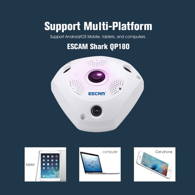 ESCAM Shark QP180 960P 360 Degrees Fisheye Lens 1.3MP WiFi IP Camera, Support Motion Detection / Night Vision, IR Distance: 10m - 360 Degree Camera by ESCAM | Online Shopping UK | buy2fix