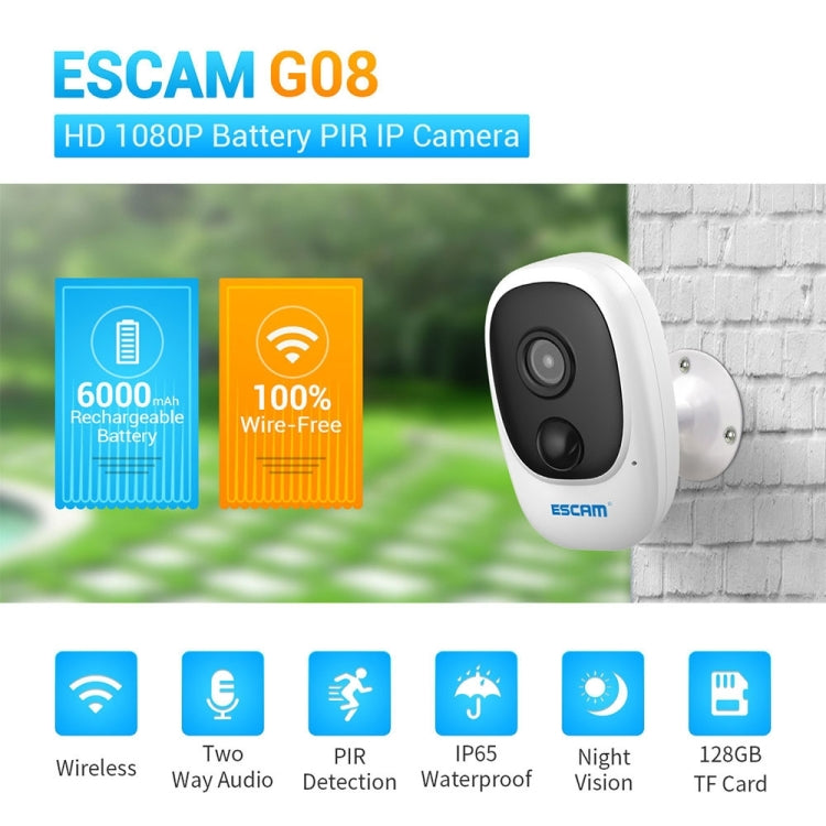 ESCAM G08 HD 1080P IP65 Waterproof PIR IP Camera without Solar Panel, Support TF Card / Night Vision / Two-way Audio (White) - Security by ESCAM | Online Shopping UK | buy2fix