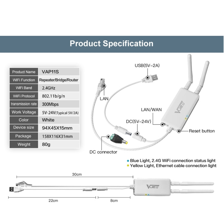 VONETS VAP11S 2.4G Mini Wireless Bridge 300Mbps WiFi Repeater with 2 Antennas - Network Hardware by VONETS | Online Shopping UK | buy2fix