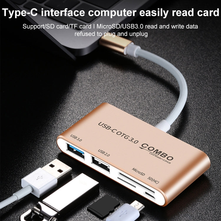 COMBO T-693 5 in 1 USB-C / Type-C to SD / TF / Micro SD Card Slot + USB 3.0 + USB 2.0Ports OTG HUB Card Reader(Gold) - Computer & Networking by buy2fix | Online Shopping UK | buy2fix